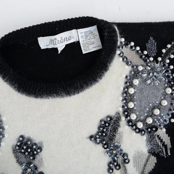 Vintage Angora Elegant Black and White Floral Sweater - Picture 12 of 13